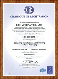 Chứng chỉ ISO 9001:2015 - Bao Bì Giấy Bình Minh PAT - Công Ty TNHH Bình Minh PAT